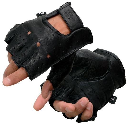 Milwaukee Leather SH851 Men's USA Deer Skin Leather Black Gel Padded Palm Fingerless Motorcycle Riders Gloves