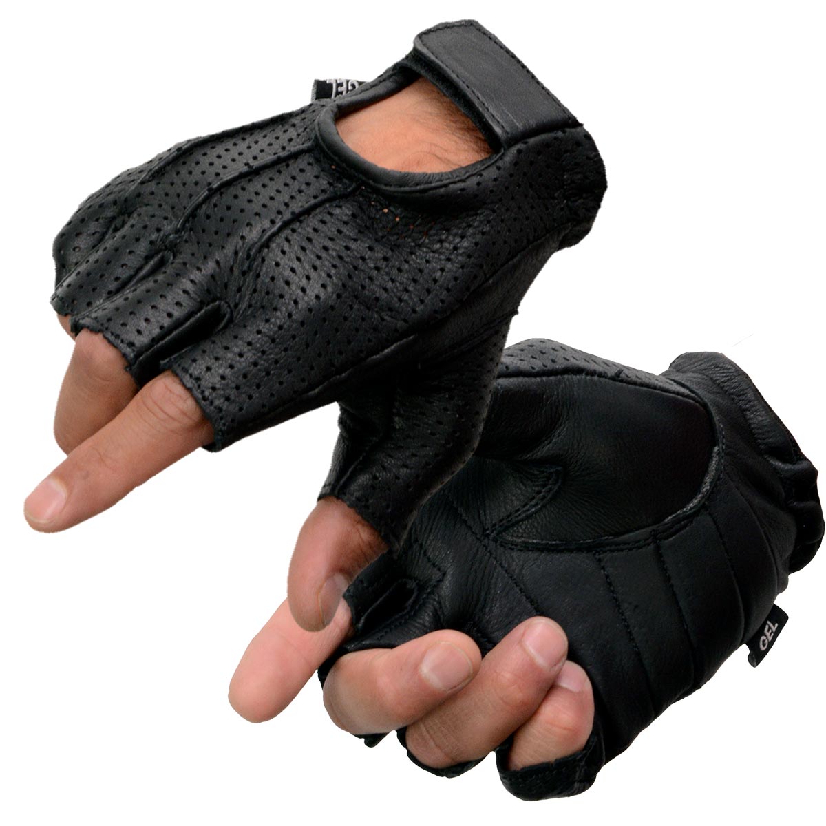 Milwaukee Leather SH877 Men's Fingerless USA Deerskin Black Perforated Leather Motorcycle Gloves w/ Gel Palm