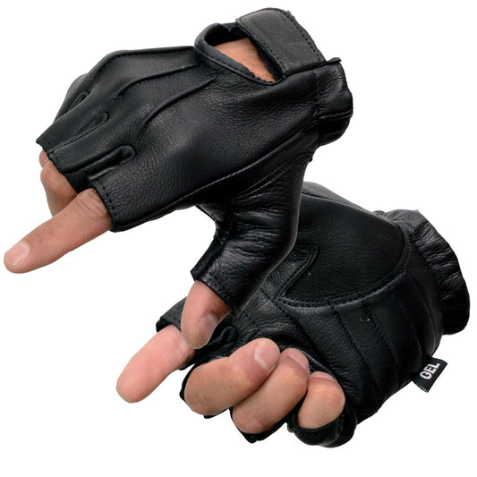 Milwaukee Leather SH878 Men's Fingerless USA Deerskin Black Leather Motorcycle Rider Gloves w/ Gel Padded Palm