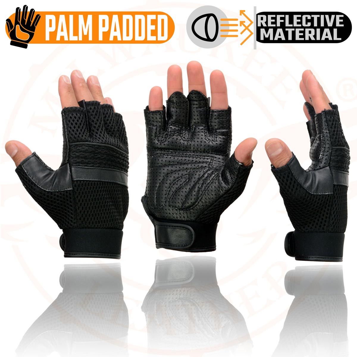 Milwaukee Leather MG7504 Men's Black Perforated Mesh Gel Palm Fingerless Motorcycle Hand Gloves W/ ‘Reflective Piping’