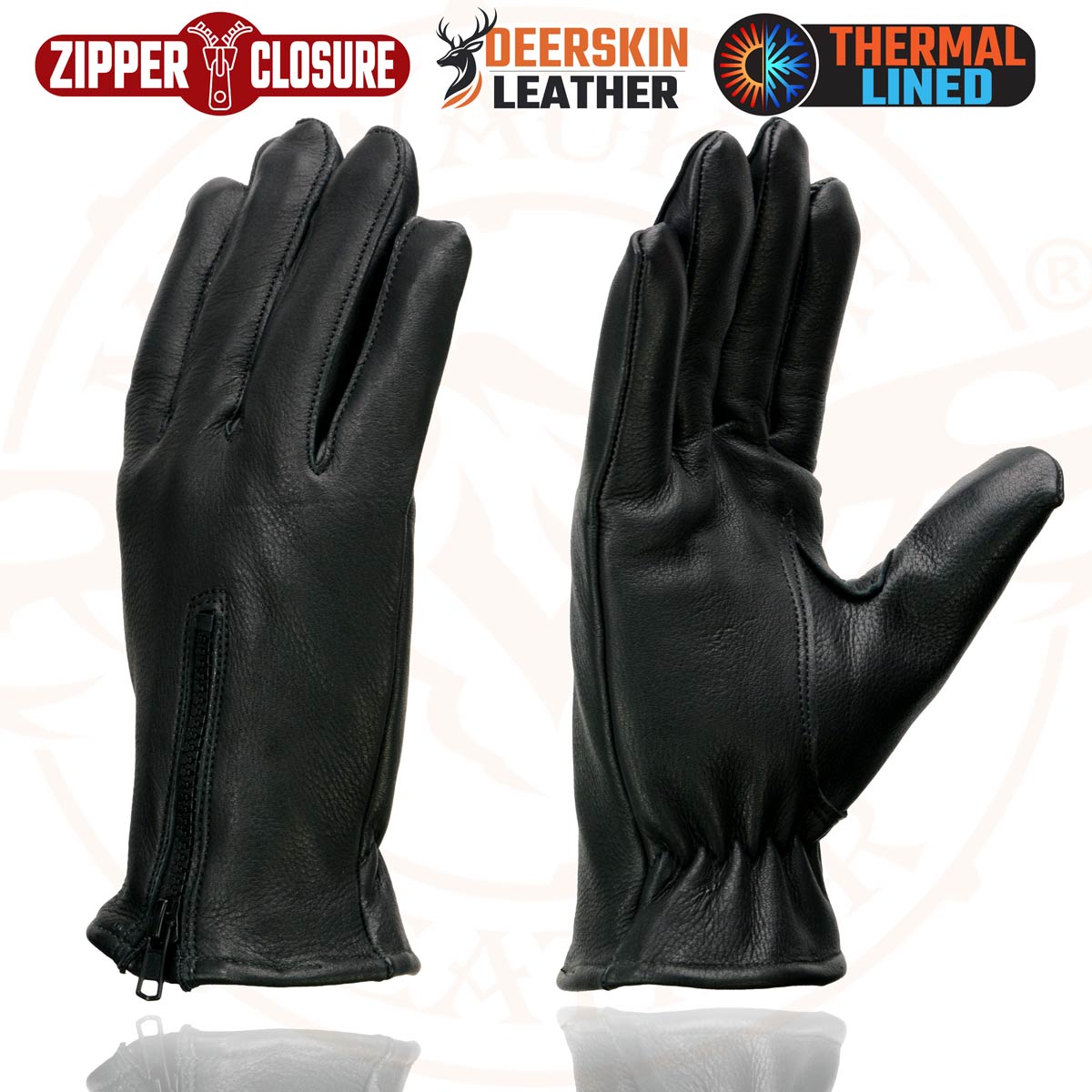 Milwaukee Leather SH866 Men's Thermal Lined USA Deerskin Leather Black Motorcycle Gloves w/ Zipper Closure