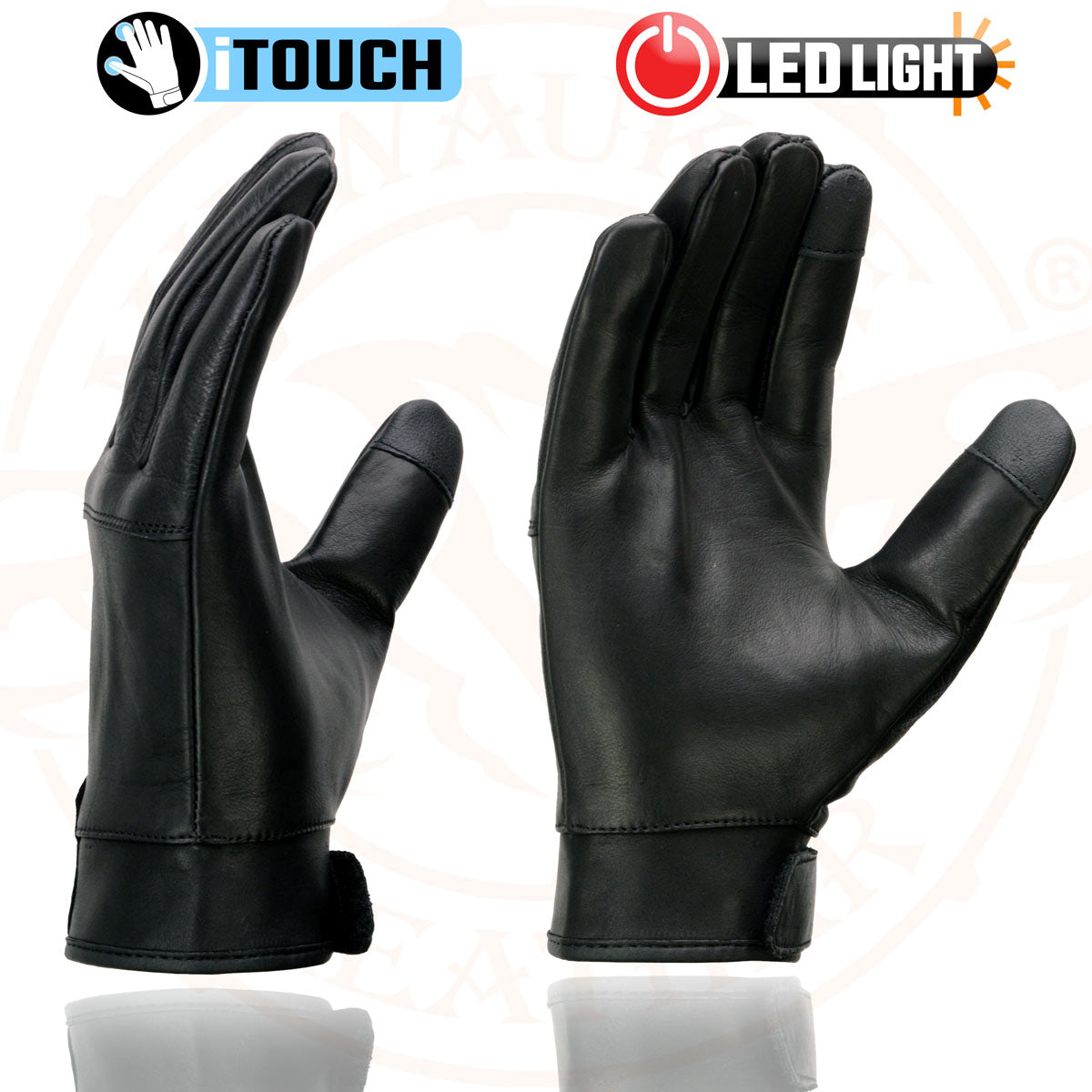 Milwaukee Leather MG7599 Men's Black Leather with i-Touch Screen Led Finger Light Motorcycle Hand Gloves