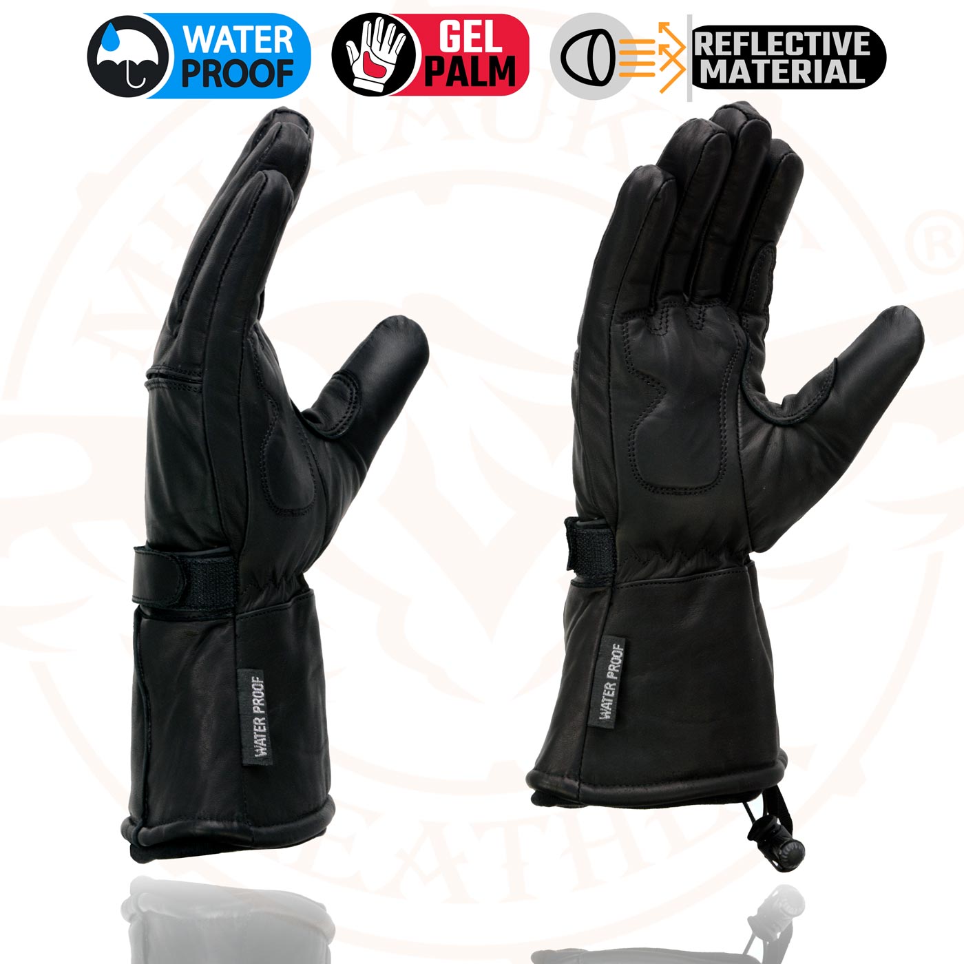 Milwaukee Leather Men's Black Soft Leather Gauntlet Motorcycle Hand Gloves-Waterproof Gel Palm Reflective Piping SH873