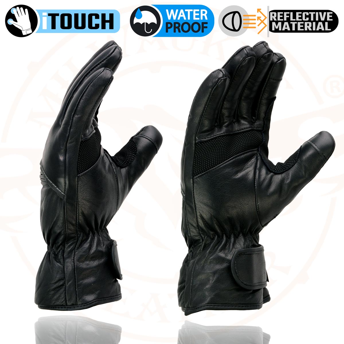 Milwaukee Leather MG7551 Men's Black Cowhide Leather Gauntlet Motorcycle Hand Gloves W/ i-Touch Screen and Waterproof