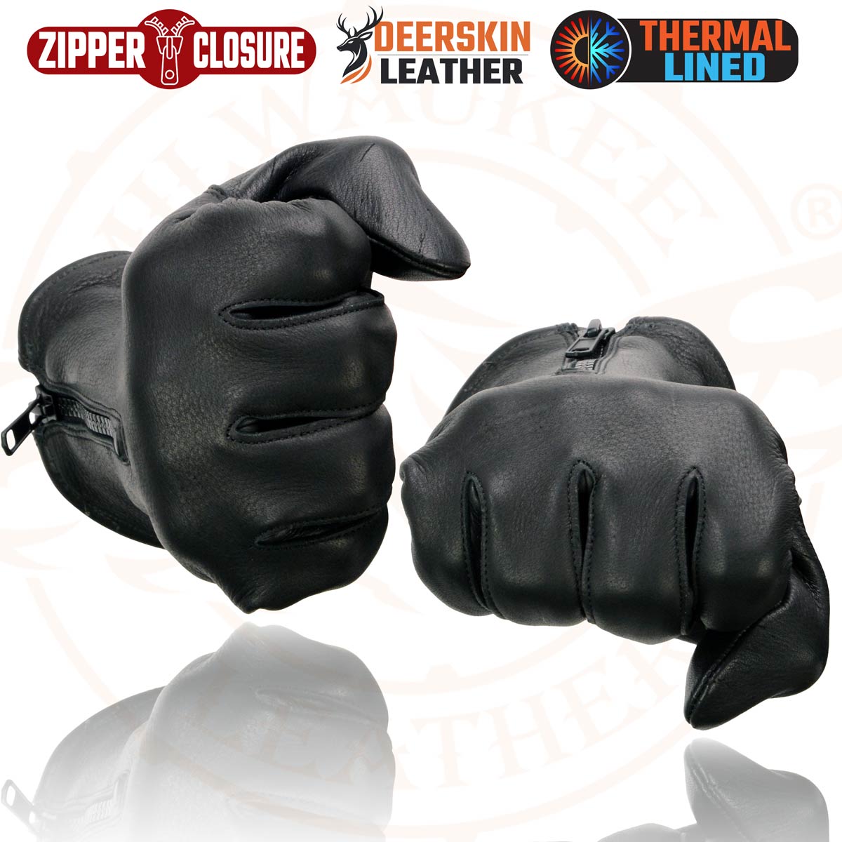 Milwaukee Leather SH866 Men's Thermal Lined USA Deerskin Leather Black Motorcycle Gloves w/ Zipper Closure