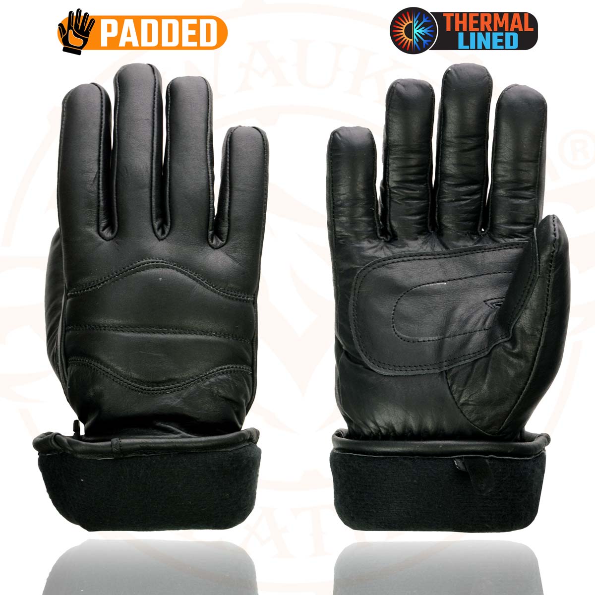 Milwaukee Leather SH233 Men's Black Leather Warm Lining Gauntlet Motorcycle Hand Gloves W/ Double Strap Cuff Pull-on Closure