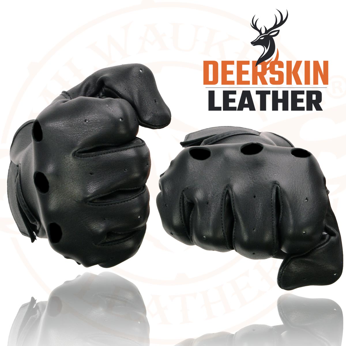 Milwaukee Leather SH868 Men's Open Knuckle USA Deerskin Black Perforated Leather Motorcycle Riders Gloves