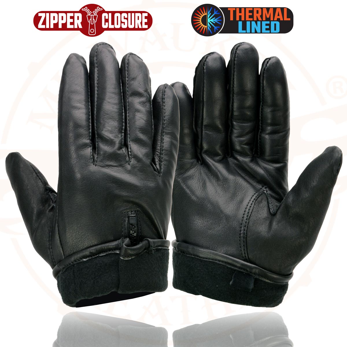 Milwaukee Leather SH226TH Men's Black Thermal Lined Leather Motorcycle Hand Gloves W/ Wrist Zipper Closure