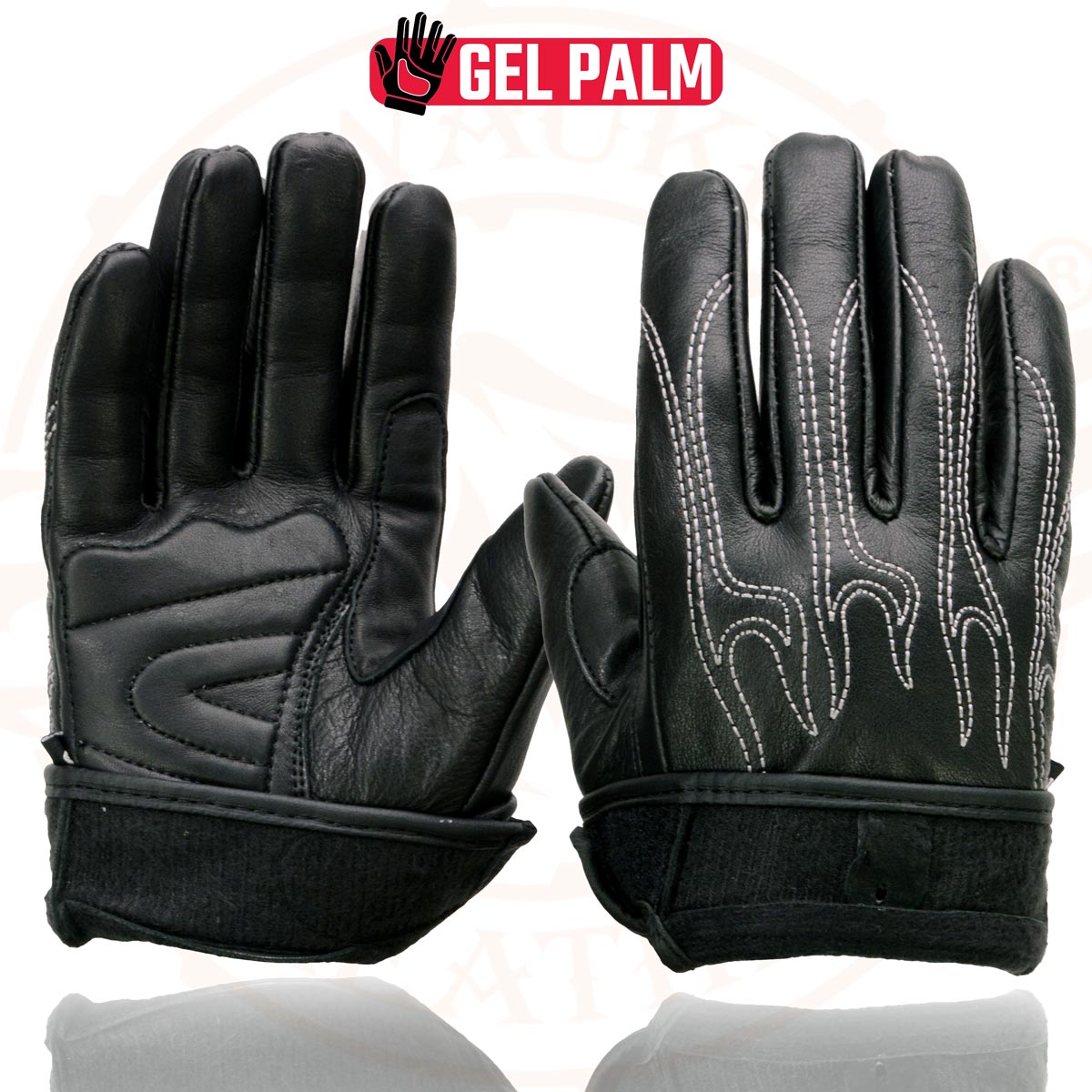 Milwaukee Leather SH820 Men's Black Leather ‘White Flame’ Cruising Hand Gloves W/ Gel Palm