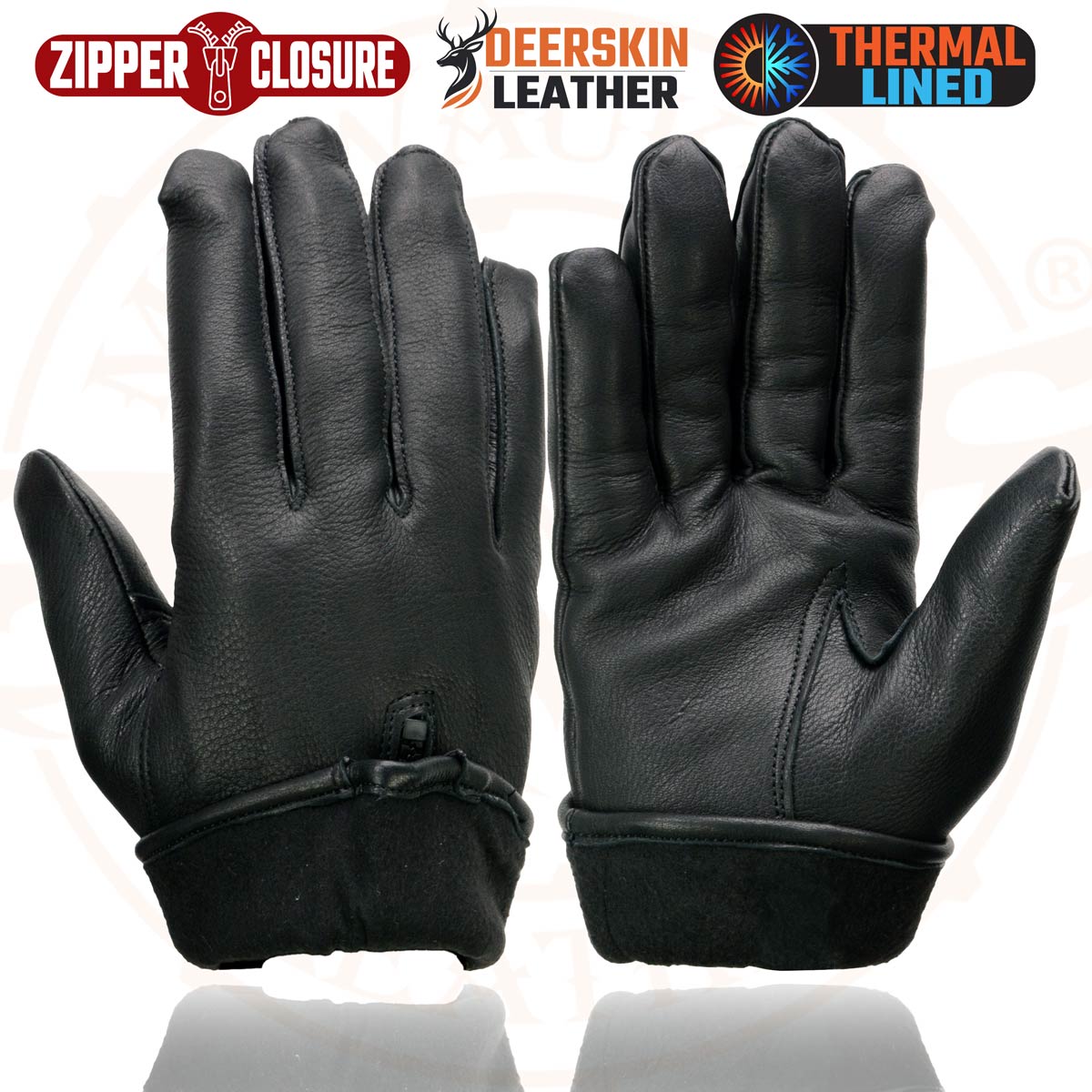 Milwaukee Leather SH866 Men's Thermal Lined USA Deerskin Leather Black Motorcycle Gloves w/ Zipper Closure