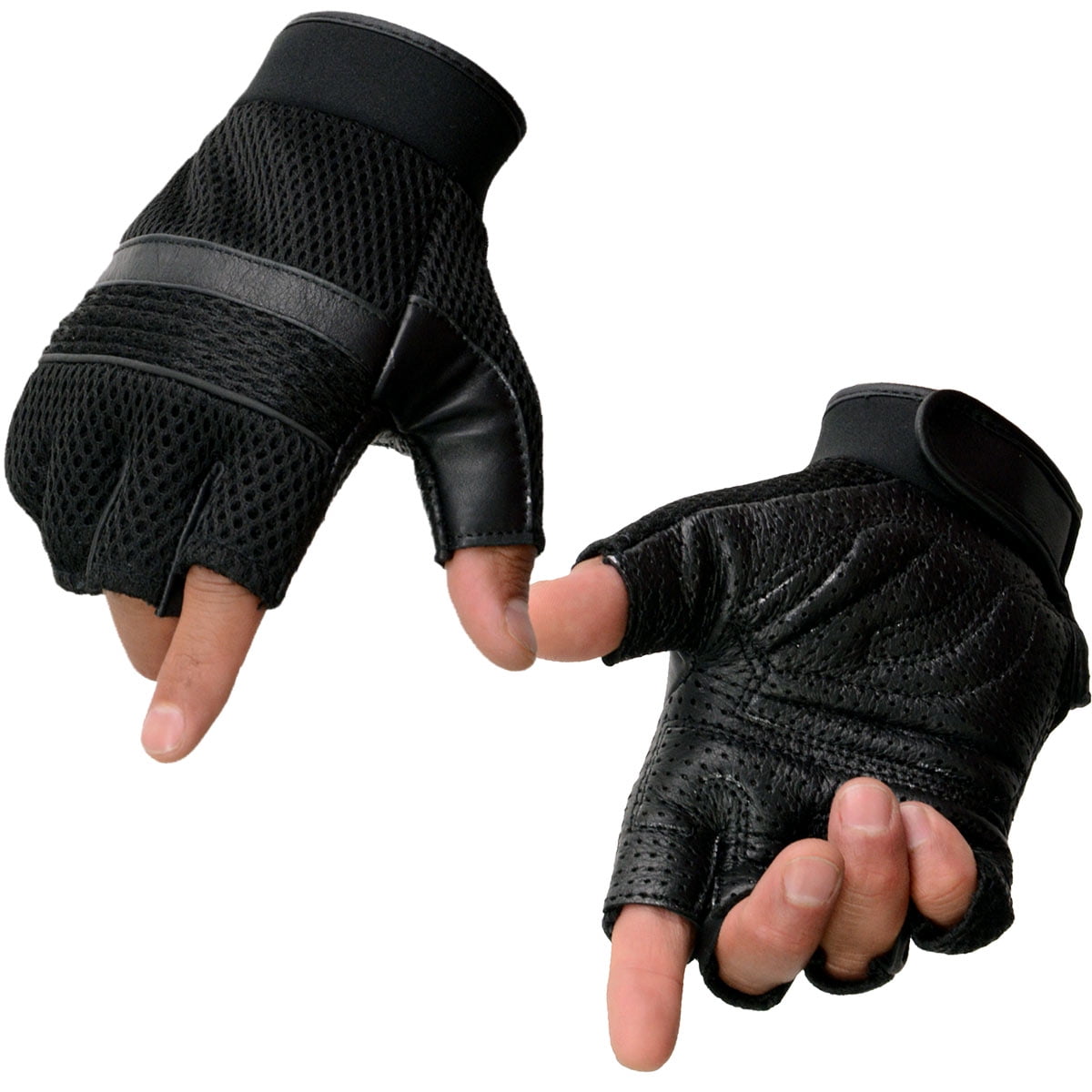 Milwaukee Leather MG7504 Men's Black Perforated Mesh Gel Palm Fingerless Motorcycle Hand Gloves W/ ‘Reflective Piping’