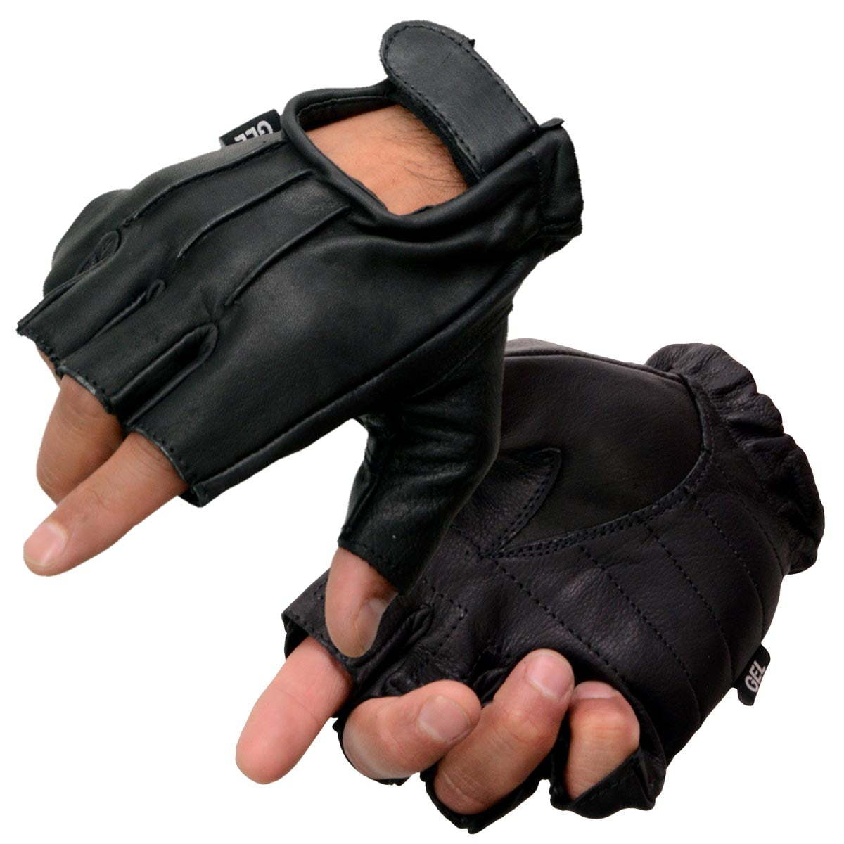 Milwaukee Leather SH206 Men's Black Leather Gel Padded Palm Fingerless Motorcycle Hand Gloves W/ ‘Welted’ Design