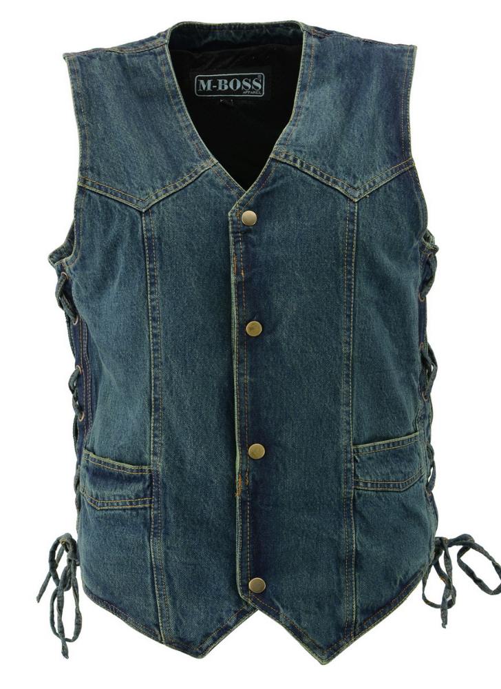 M Boss Motorcycle Apparel BOS13003 Men's Blue Denim Motorcycle Side Lace Vest with Quick Draw Pocket