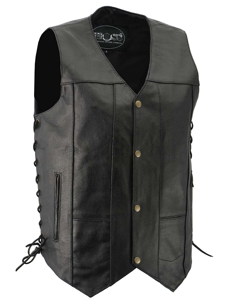 M-Boss Motorcycle Apparel BOS13517 Men’s Classic Black Leather 'Side Laced' Motorcycle Biker Rider Vest