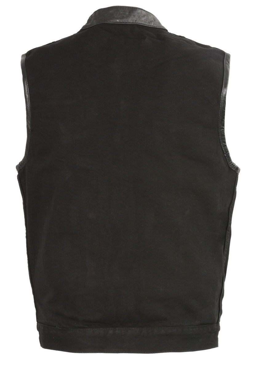 Club Vest CV3003LT Men's Black Motorcycle Denim Vest with Concealed Snaps and Hidden Zipper