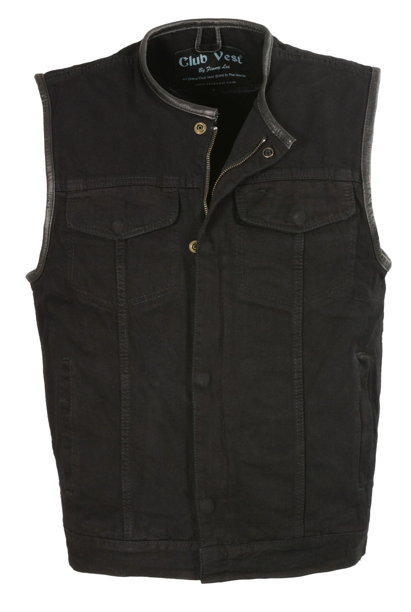 Club Vest CV3004LT Men's Black Collarless Denim Vest with Concealed Snaps and Hidden Zipper