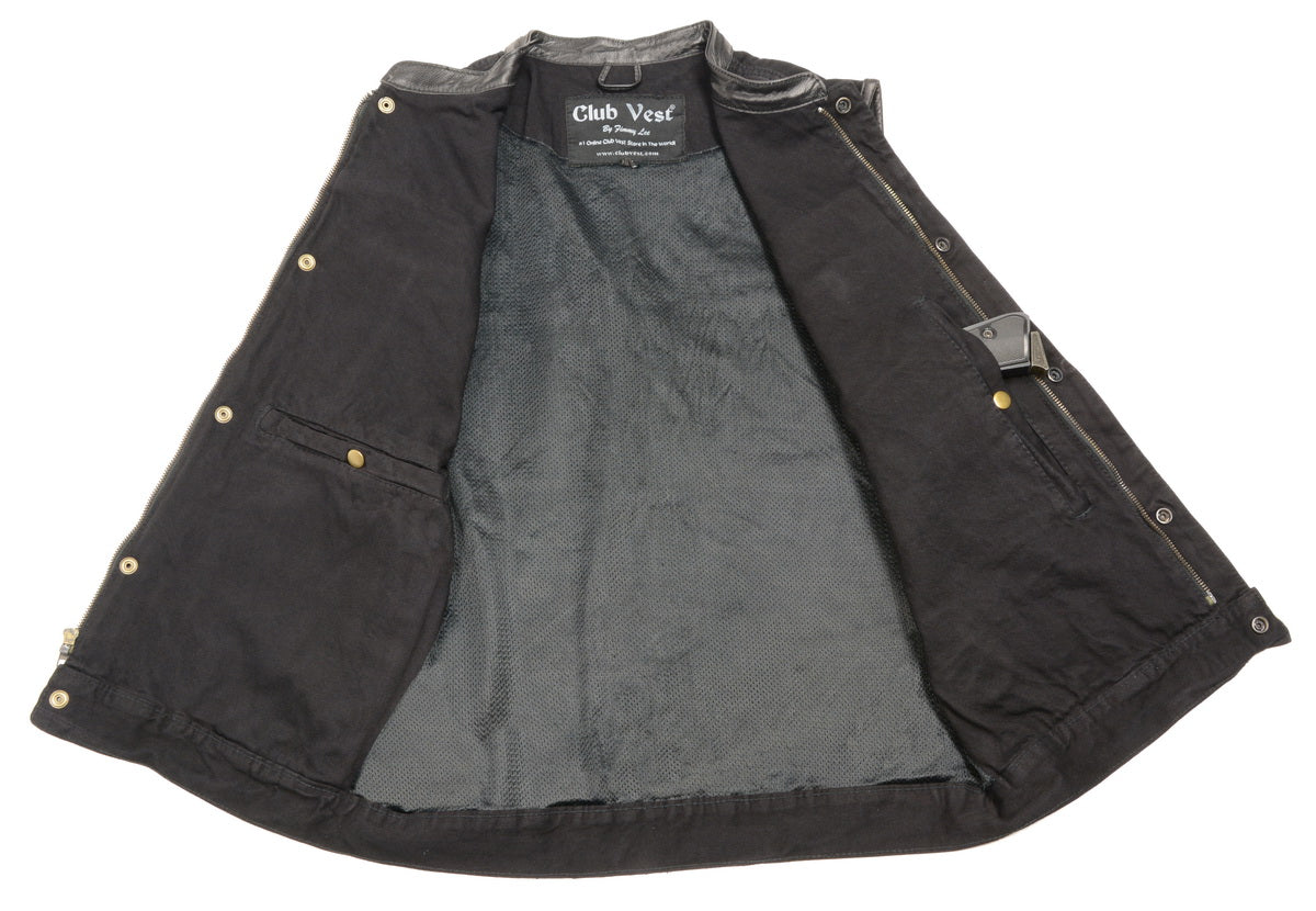 Club Vest CV3004LT Men's Black Collarless Denim Vest with Concealed Snaps and Hidden Zipper