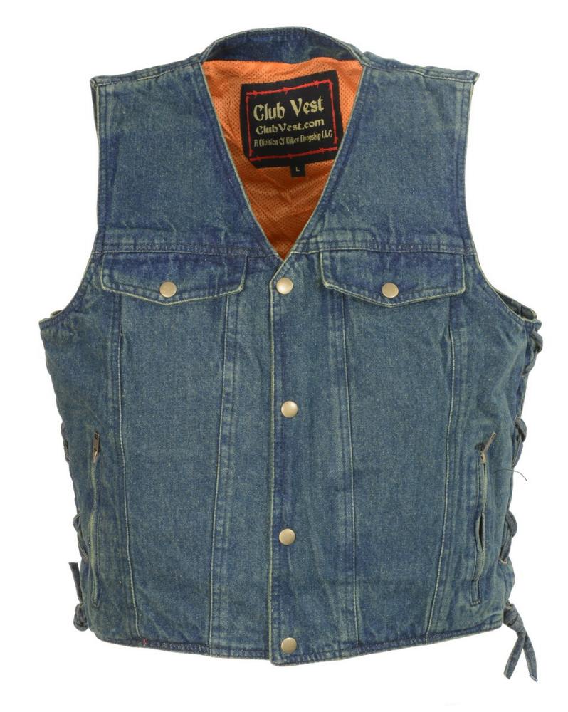 Club Vest CVM1360 Men's Classic Side Lace Blue Denim Vest with Snap Buttons