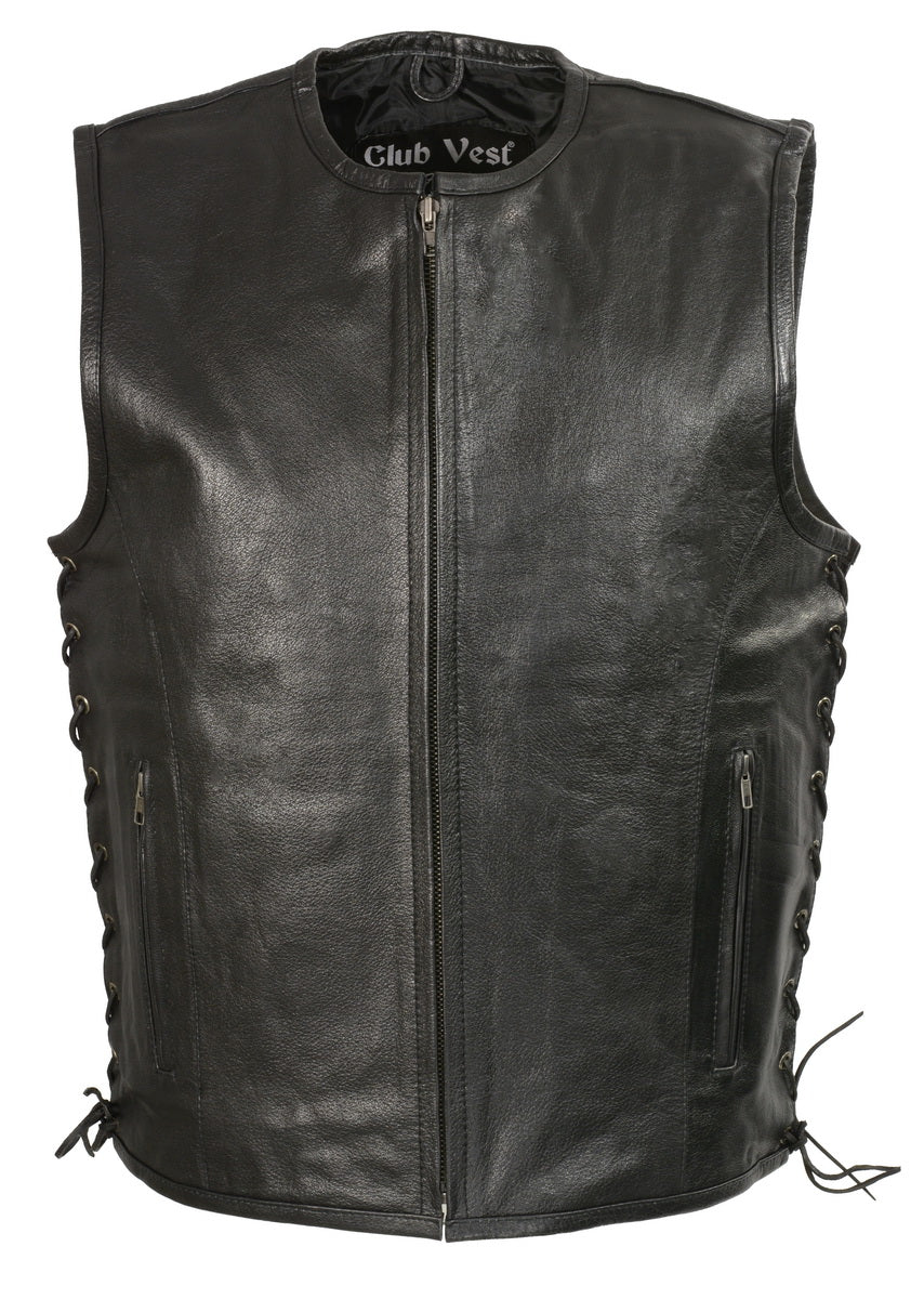 Club Vest CVM3741 Men’s Black Zipper Front Side Lace Leather Vest with Seamless Design