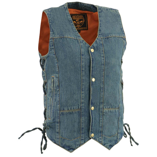 Milwaukee Leather DM1989 Men's Blue Denim '10 Pocket' Motorcycle Bikers Rider Vest with Side Laces