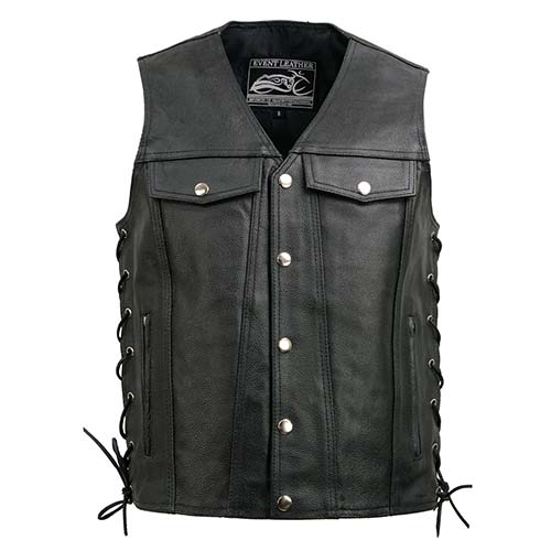 Event Leather EL5360 Black Motorcycle Leather Vest with Denim Style Pockets -Riding Club Adult Vests