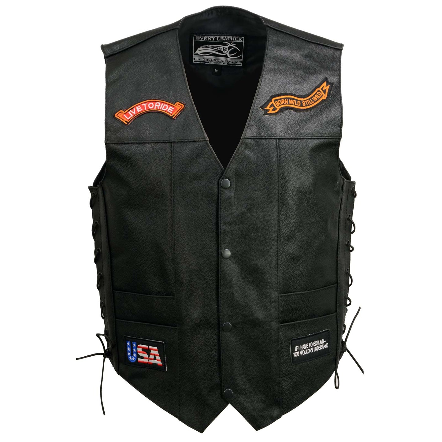 Event Leather Men’s Concealed Carry Motorcycle Vest Black with Patches ELM3930