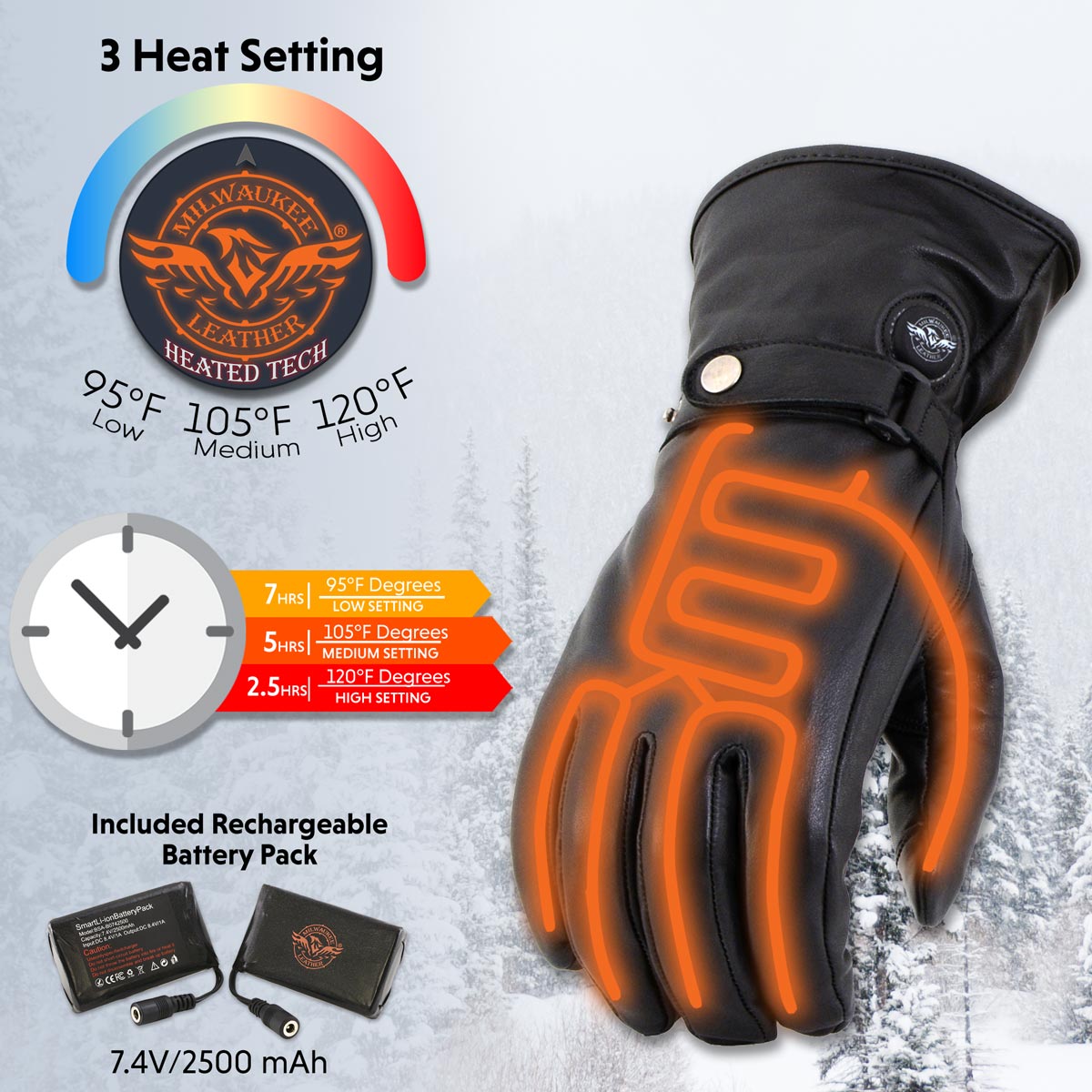 Milwaukee Leather MG7519SET Men’s Black Leather Heated Winter Gloves for Motorcycle Ski Hiking w/ Battery & i-Touch