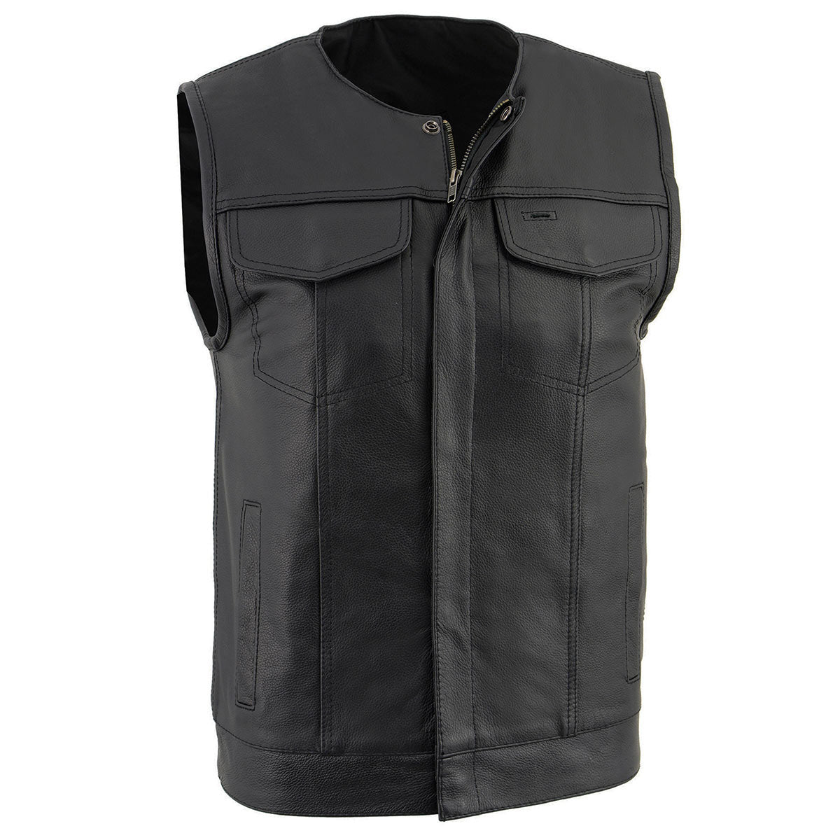 Milwaukee Leather LKM3711 Men's Black Leather Collarless Club Style Motorcycle Rider Vest w/ Dual Front Closure