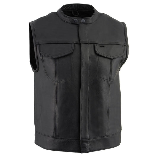 Milwaukee Leather LKM3720 Men's Black Leather Club Style Motorcycle Rider Vest with Concealed Snap Button Closure