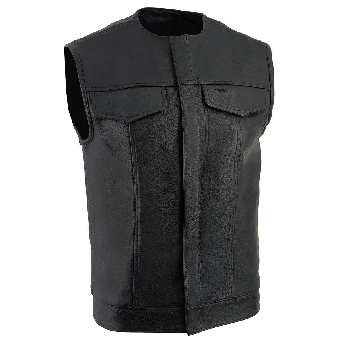 Z1R3721 Men’s ’338’ Black Collarless Motorcycle Leather Vest