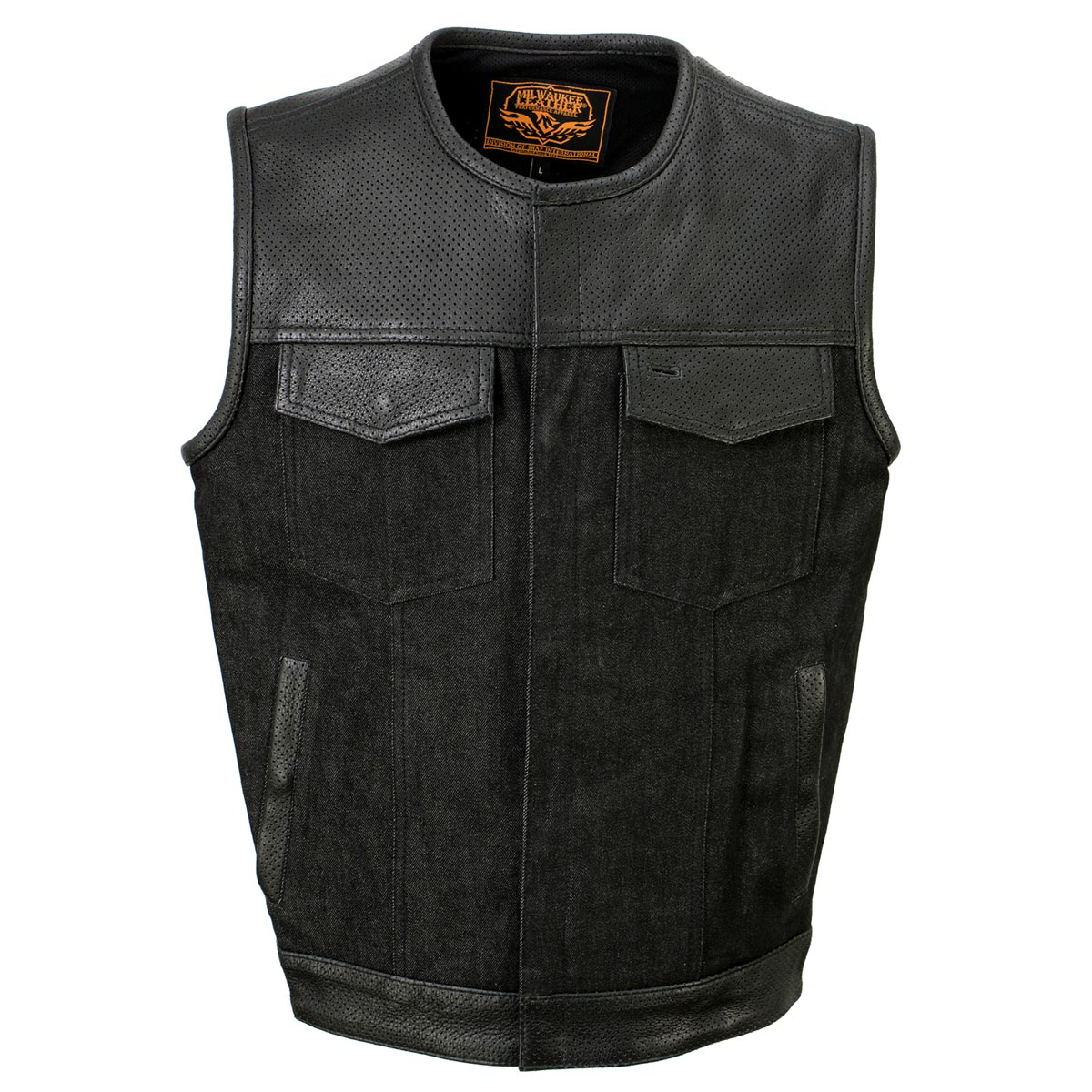 Milwaukee Leather MDM3008 Men's 'Brute' Black Perforated Leather and Denim Club Style Vest w/ Hidden Dual Closure