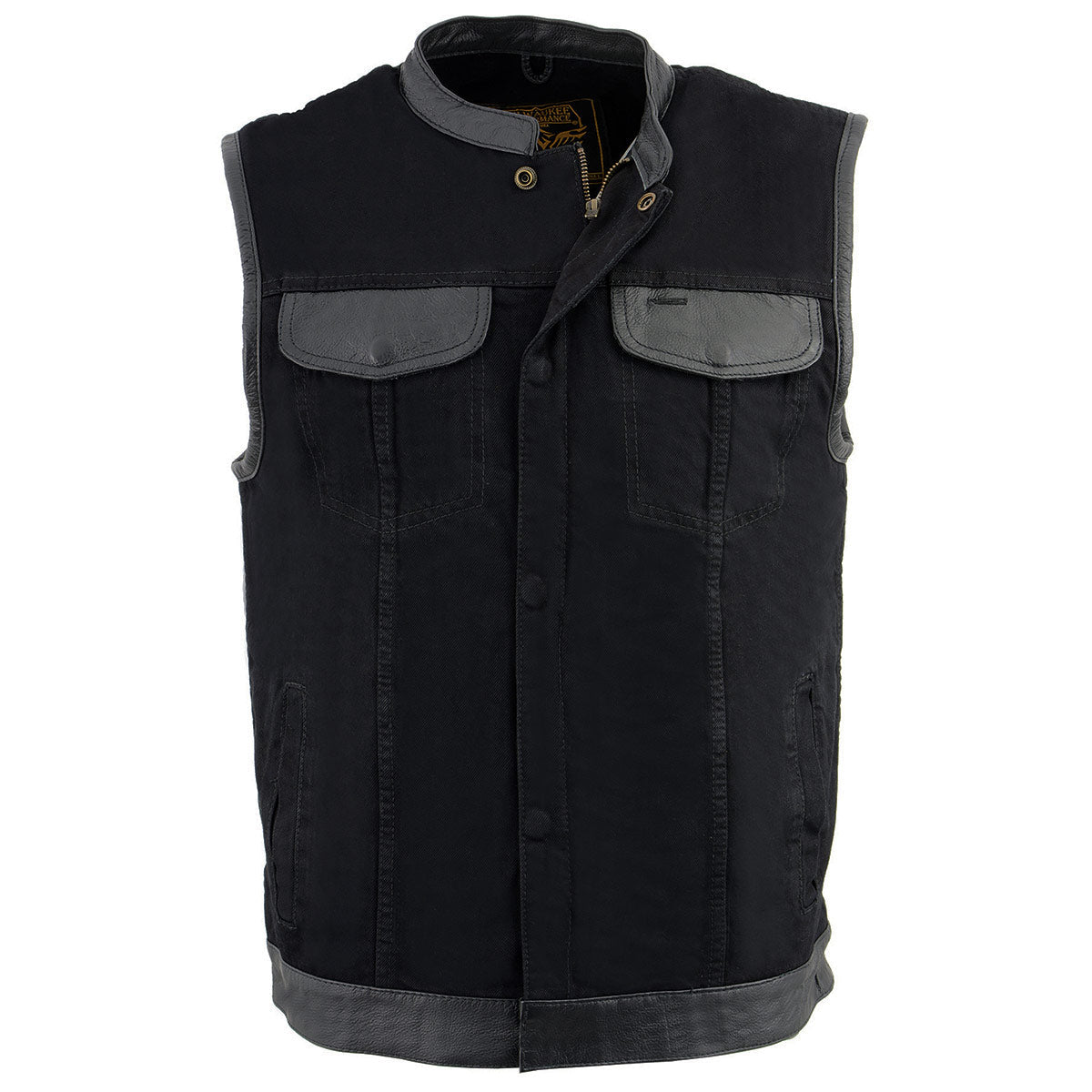 Milwaukee Leather MDM3010 Men's Black Denim Club Style Biker Vest with Leather Trim and Hidden Zipper