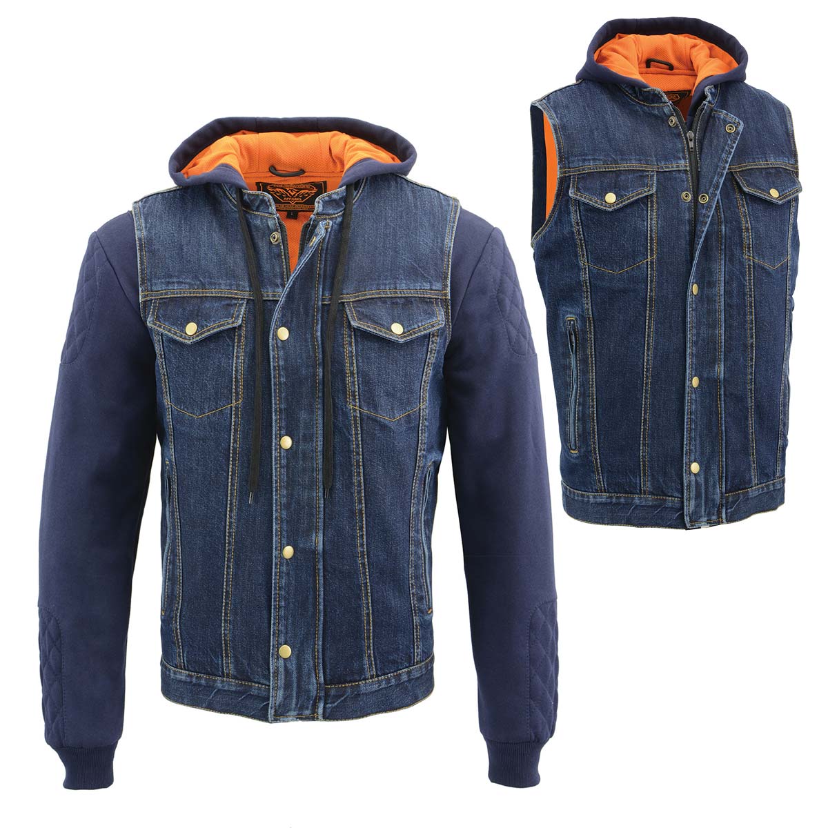 Milwaukee Leather MDM3020 Men's Blue Denim '5-in-1' Club Style Vest with Removable Hoodie