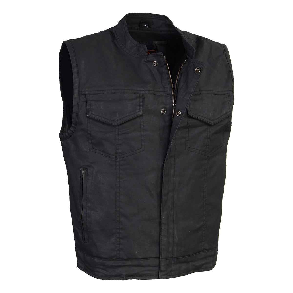 Milwaukee Leather MDM3025 Men’s Black Waxy Coated Denim Club Style Motorcycle Rider Vest w/ Shirt Collar w/ Shirt Collar