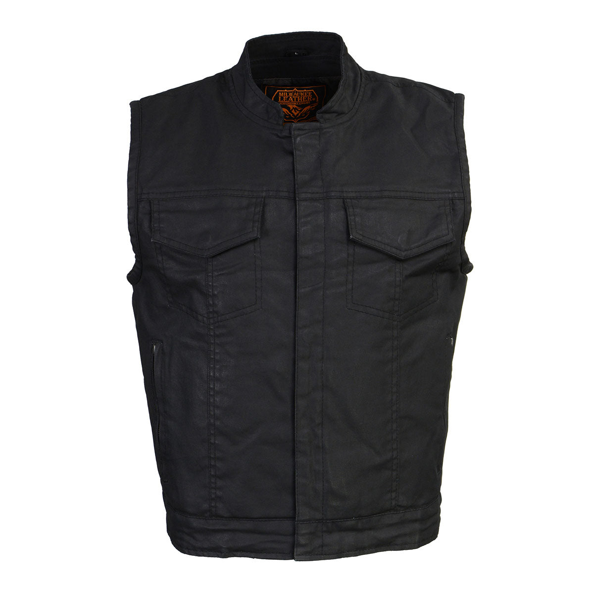 Milwaukee Leather MDM3025 Men’s Black Waxy Coated Denim Club Style Motorcycle Rider Vest w/ Shirt Collar w/ Shirt Collar