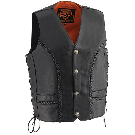 Milwaukee Leather ML1359 Men's Black Premium Leather Side Lace Motorcycle Rider Vest w/ Buffalo Nickel Snaps Closure