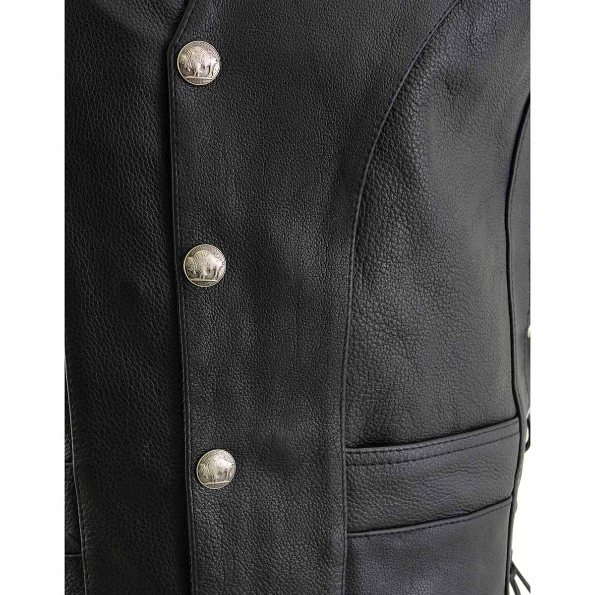 Milwaukee Leather ML1369 Men's Black Premium Leather Side Lace Motorcycle Rider Vest w/ Buffalo Nickel Snaps Closure