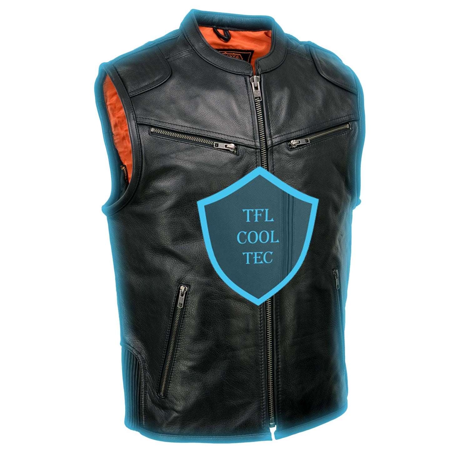 Milwaukee Leather MLM3502 Men's Black Cool-Tec Leather Vest Front Zipper Motorcycle Rider Vest with Stand-Up Collar