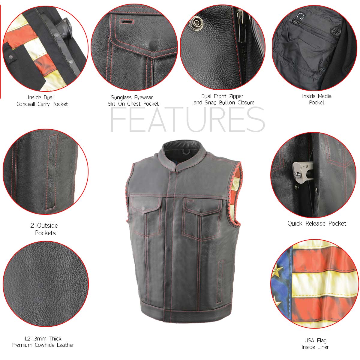 Milwaukee Leather MLM3506 Men's Black Premium Leather Vest - Old Glory Laced Armholes Red Stitching Club Style Vest