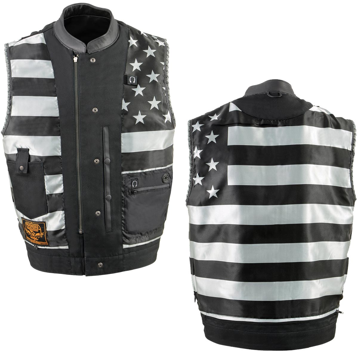 Milwaukee Leather MLM3507 Men's Old Glory Black Premium Leather Club Style Vest w/ Grey Stitching Laced Armholes