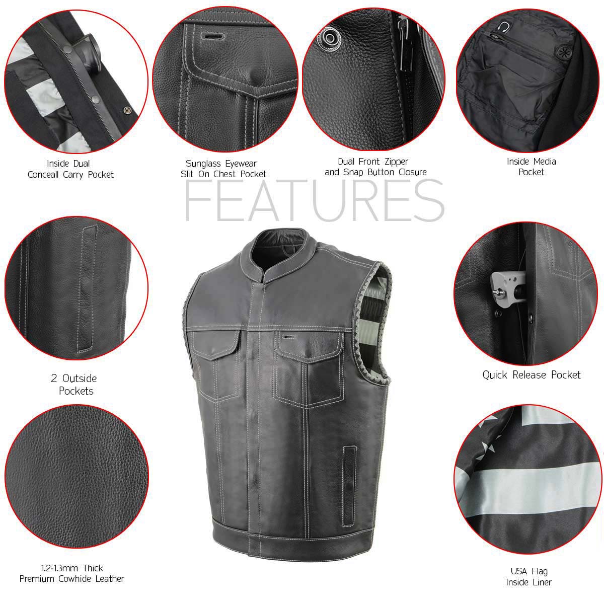 Milwaukee Leather MLM3507 Men's Old Glory Black Premium Leather Club Style Vest w/ Grey Stitching Laced Armholes