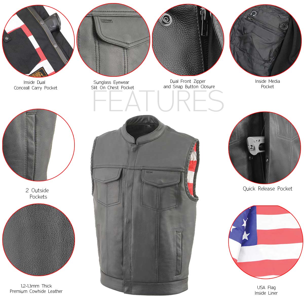 Milwaukee Leather MLM3508 Men's Black Premium Leather Vest - Old Glory Laced Armholes Black Stitching Club Style Vest