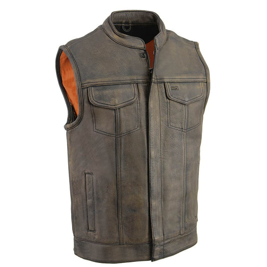 Milwaukee Leather MLM3510 Men's Black/Beige Premium Leather Club Style Vest - Dual Closure Open Neck Motorcycle Vest