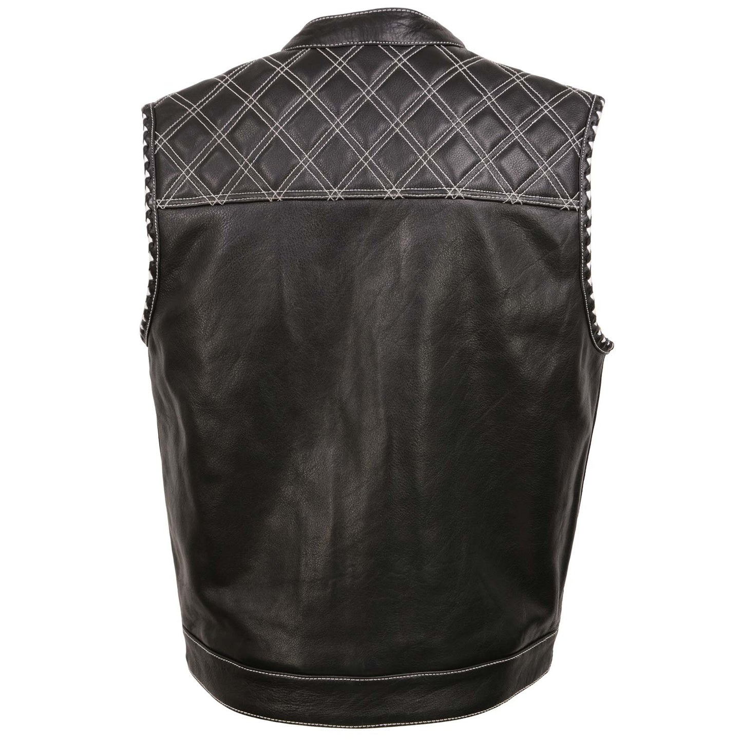 Milwaukee Leather MLM3525 Men's Black 'Paisley' Accented White Stitching Leather Vest – w/Armhole Trim Open Collar Design