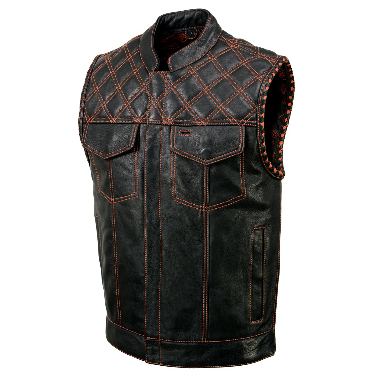 Milwaukee Leather MLM3527 Men's Black 'Paisley' Accented w/ Orange Stitching Leather Vest – / Armhole Trim