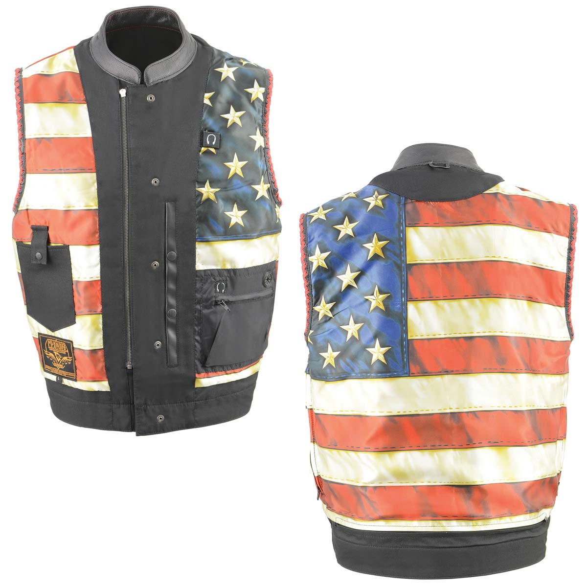 Milwaukee Leather MLM3506 Men's Black Premium Leather Vest - Old Glory Laced Armholes Red Stitching Club Style Vest