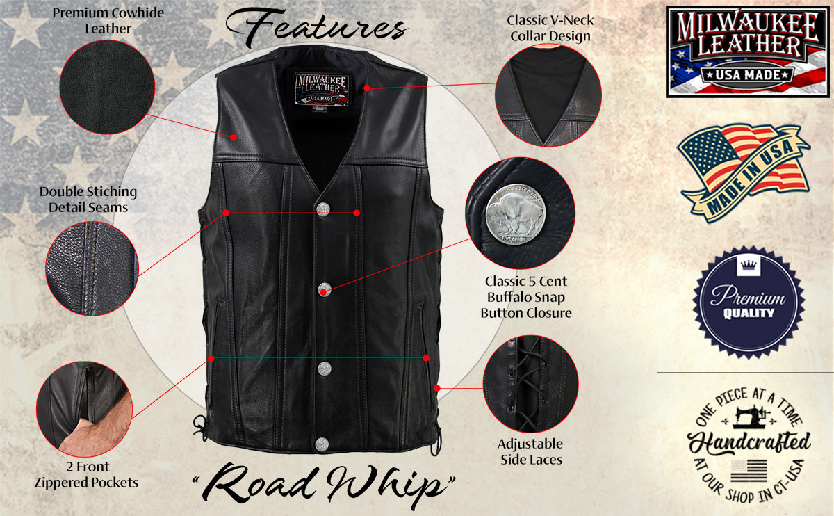 Milwaukee Leather USA MADE MLVSM5005 Men's Black 'Road Whip' Premium Motorcycle Leather Vest with Buffalo Snap Buttons