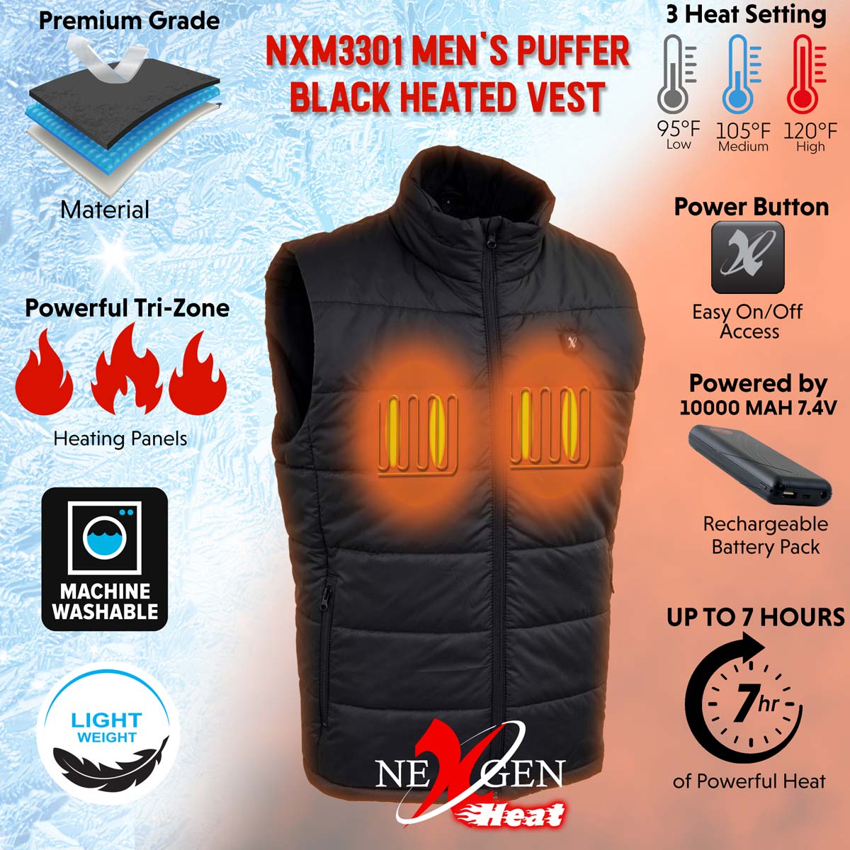 Nexgen Heat Men's NXM3301SET Puffer Black Heated Winter Vest for Outdoor Activities w/ Battery