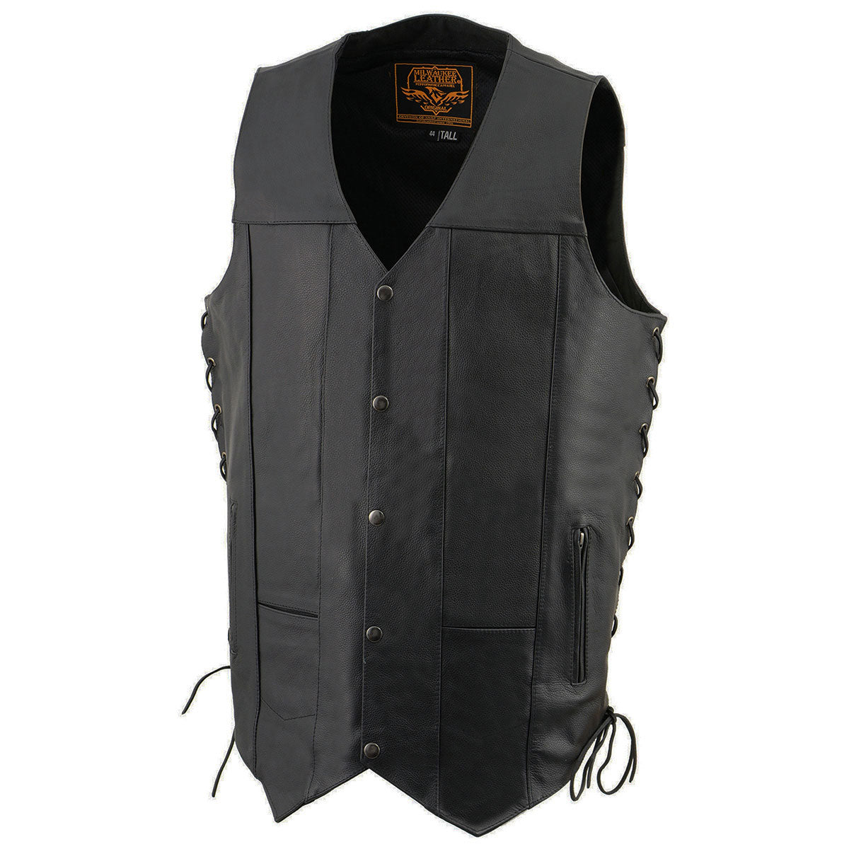 Milwaukee Leather SH1392Tall Men's Black Leather 10 Pocket V-Neck Side Lace Motorcycle Rider Vest w/ Snap Closure