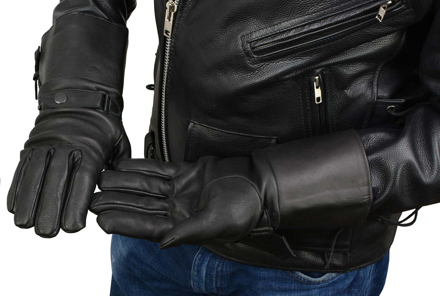 Milwaukee Leather SH857 Men's Long Cuff Thermal Lined USA Deerskin Black Leather Gauntlet Motorcycle Gloves